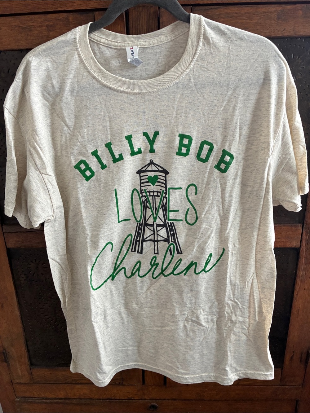 Jerzees Cream Graphic Tee with Green and Black Print